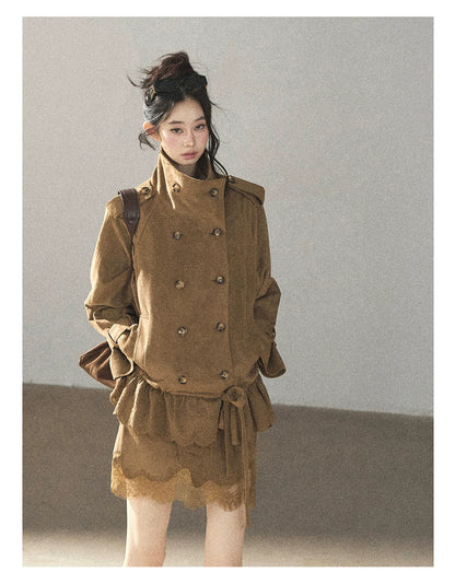 AOMALM - Sandstone Brown Faux-Suede Jacket & Lace-Trim Mini Skirt Set