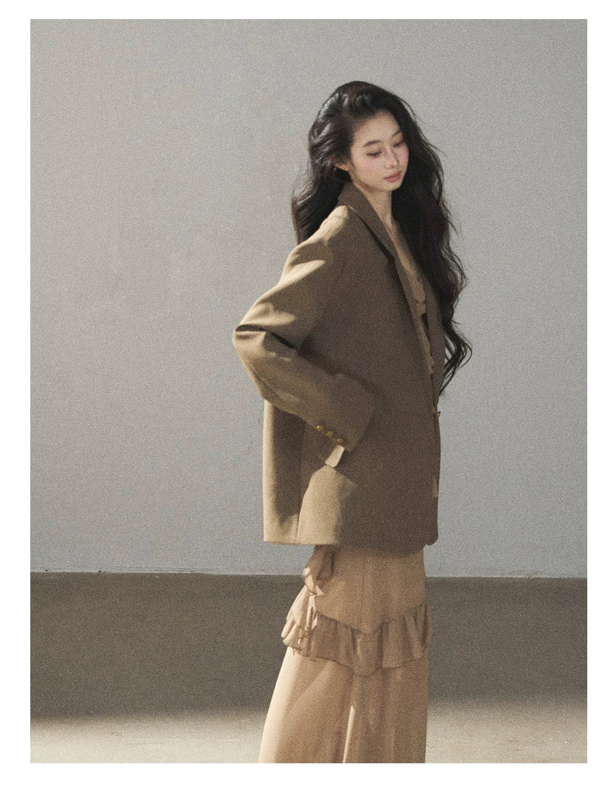 AOMALM - Cinnamon Gray-Brown Ruffle Chiffon Maxi Dress