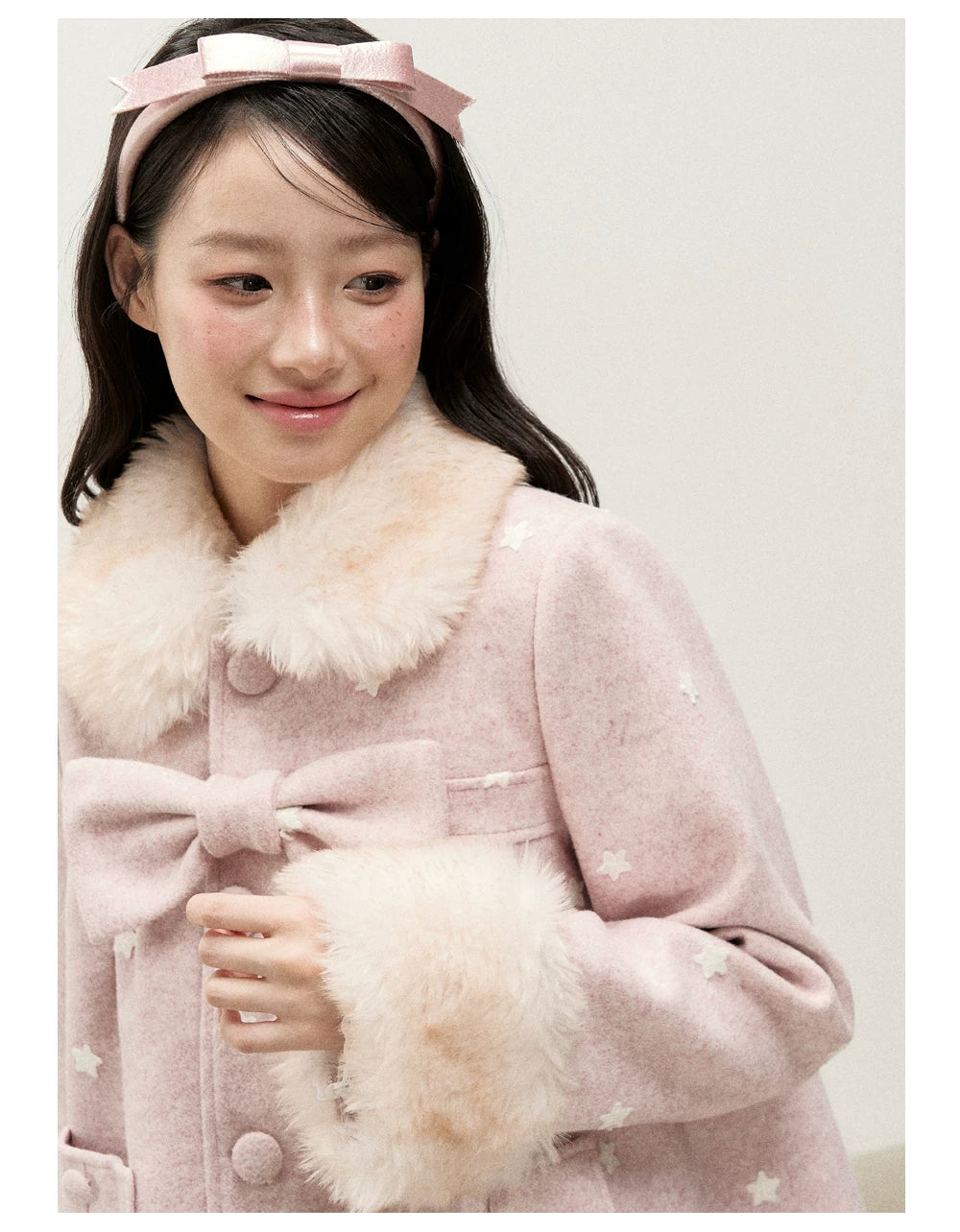 RF - Peach Pink Ombre Faux Fur Collar Wool-Look Jacket with Star Embroidery
