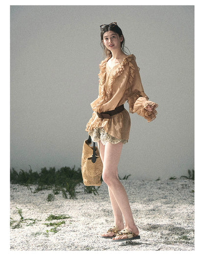“Whispers of the Wind” Ash Caramel Lace Chiffon Blouse (With Belt)