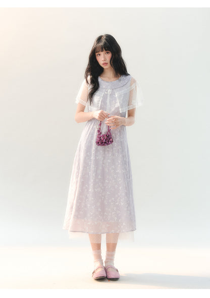 [CAN] "Lavender Bloom Whisper" Purple Floral Cape Tulle Tie-Waist Dress