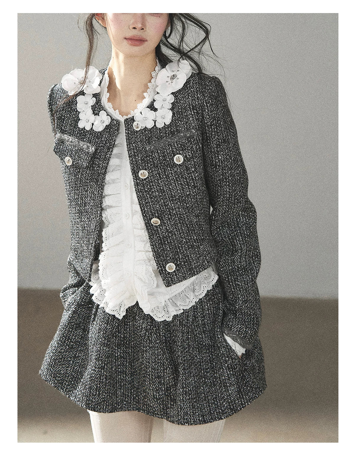 AOMALM - Black & Pearl White Tweed Jacket, Lace Blouse & Mini Skirt Set