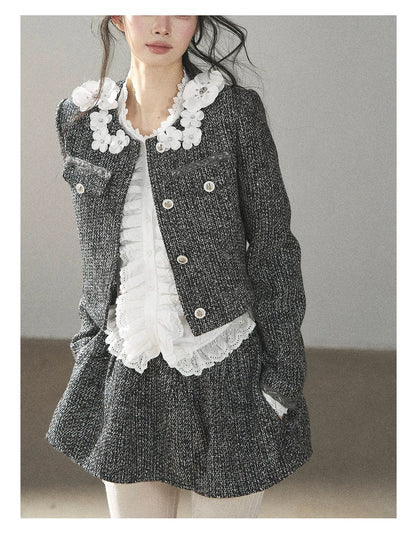 AOMALM - Black & Pearl White Tweed Jacket, Lace Blouse & Mini Skirt Set