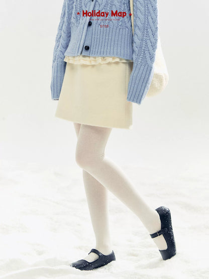 "Morning Mist" A-Line Wool-Blend Mini Skirt (Mist Gray/ Cream Beige)