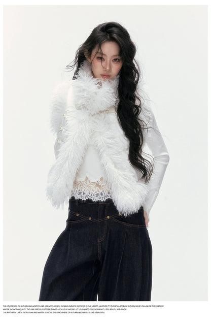 24olvides - Faux Suede Faux Shearling Vest with Pearl Buttons (White / Brown)