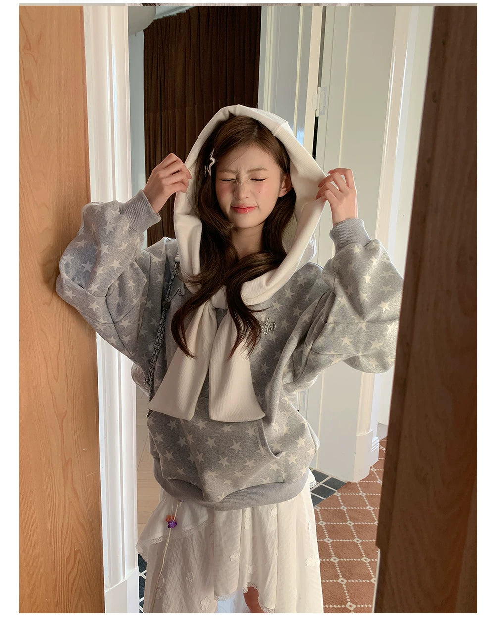 “Starlit Ribbon Reverie” Grey Off-Shoulder Hoodie