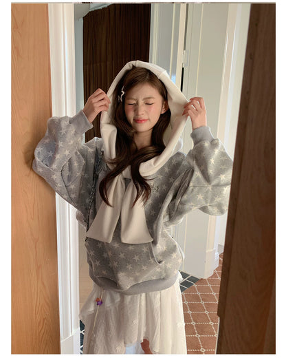 “Starlit Ribbon Reverie” Grey Off-Shoulder Hoodie