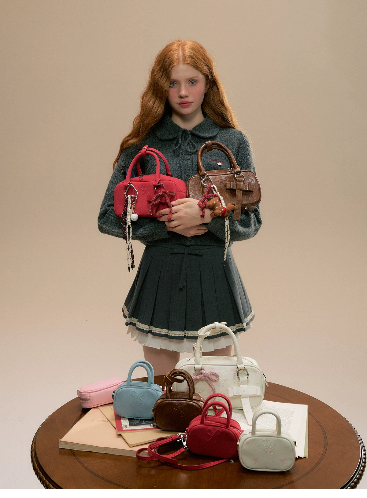 SunsetPark - Suede Bow Boston Handbag (Red / Brown / Floral / Blue / Pink)
