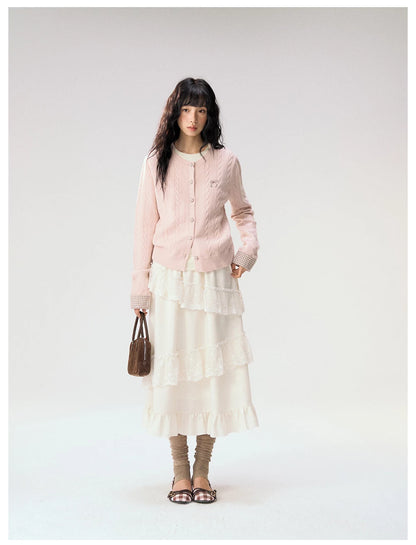 [CAN] "Soft Whisper" Ivory Embroidered Lace Layered Midi Skirt