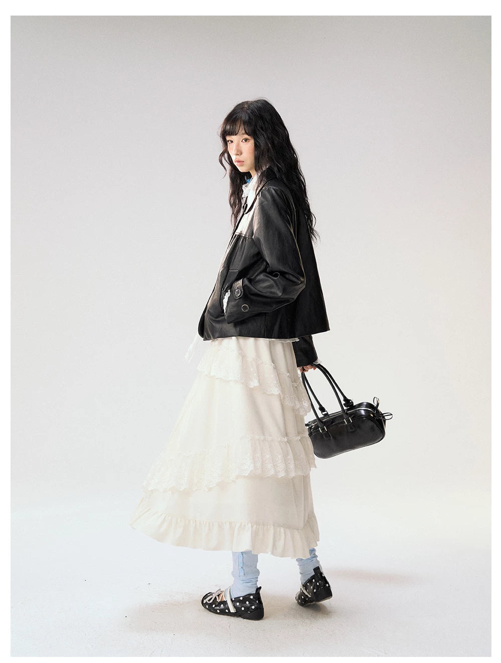 [CAN] "Soft Whisper" Ivory Embroidered Lace Layered Midi Skirt