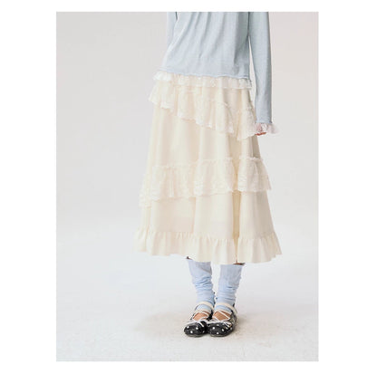 [CAN] "Soft Whisper" Ivory Embroidered Lace Layered Midi Skirt