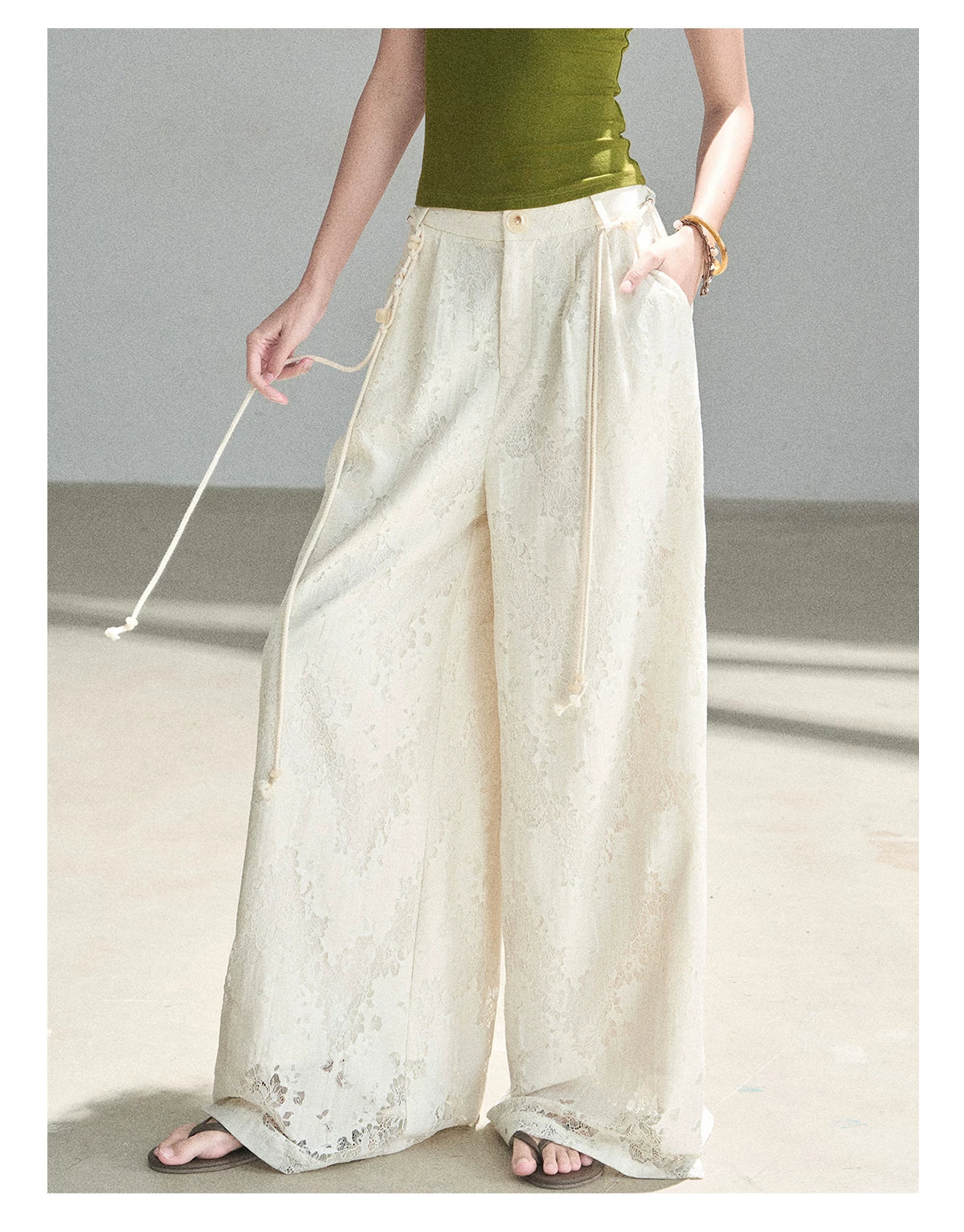 "A Love Letter to Sunlight" Dutch Cream Lace Wide-Leg Pants (With Matching Waist Rope)