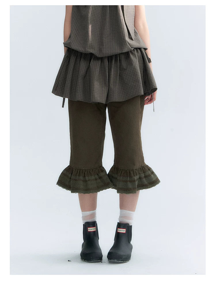 "Forest Cocoa" Dark Coffee Green Flare Capri Pants