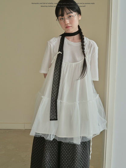 "Airy Veil" Layering Mesh Cami Top (Black / White)