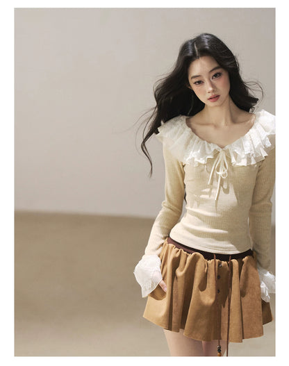 AOMALM - Oatmeal Ruffle Lace Knit Cropped Top