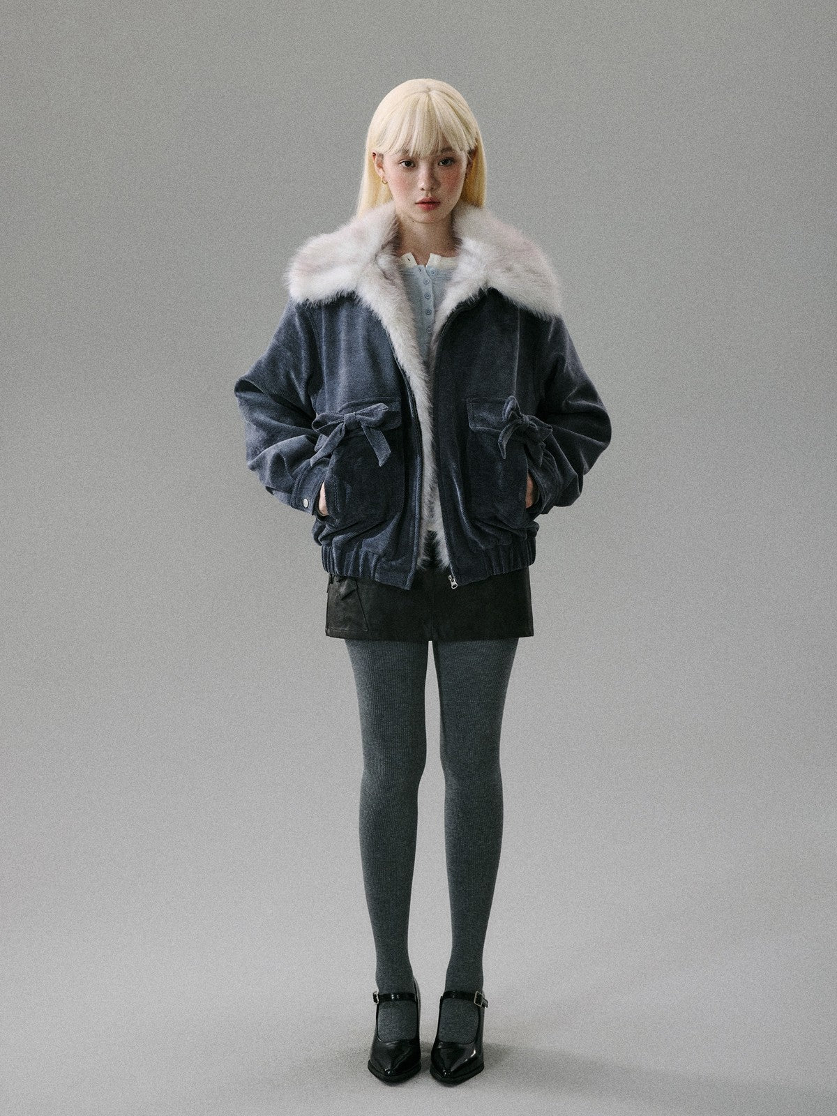 “Mist Lily Glow” Chenille Long-Fur Old Money Jacket - Gray-Blue 8002