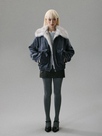 “Mist Lily Glow” Chenille Long-Fur Old Money Jacket - Gray-Blue 8002