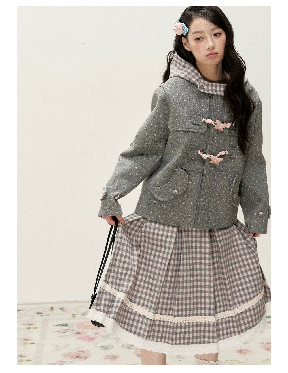 [RF] Gray & Pink Plaid A-Line Midi Skirt with Lace Trim