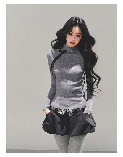 少也眼 “Velvet Touch” Semi-Turtleneck Long Sleeve Knit Top - Gray 586255478