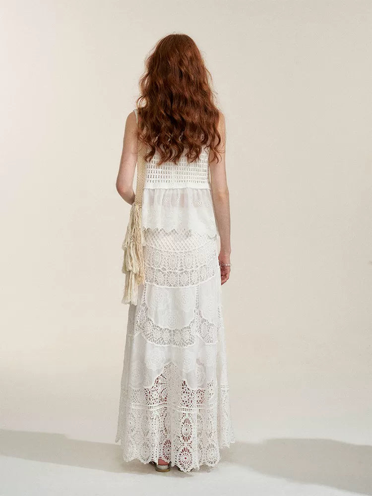 White Floral Embroidery Crochet-Detail Blouse