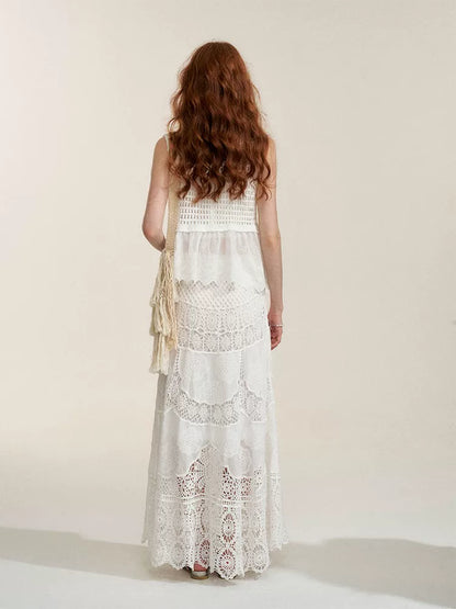 White Floral Embroidery Crochet-Detail Blouse