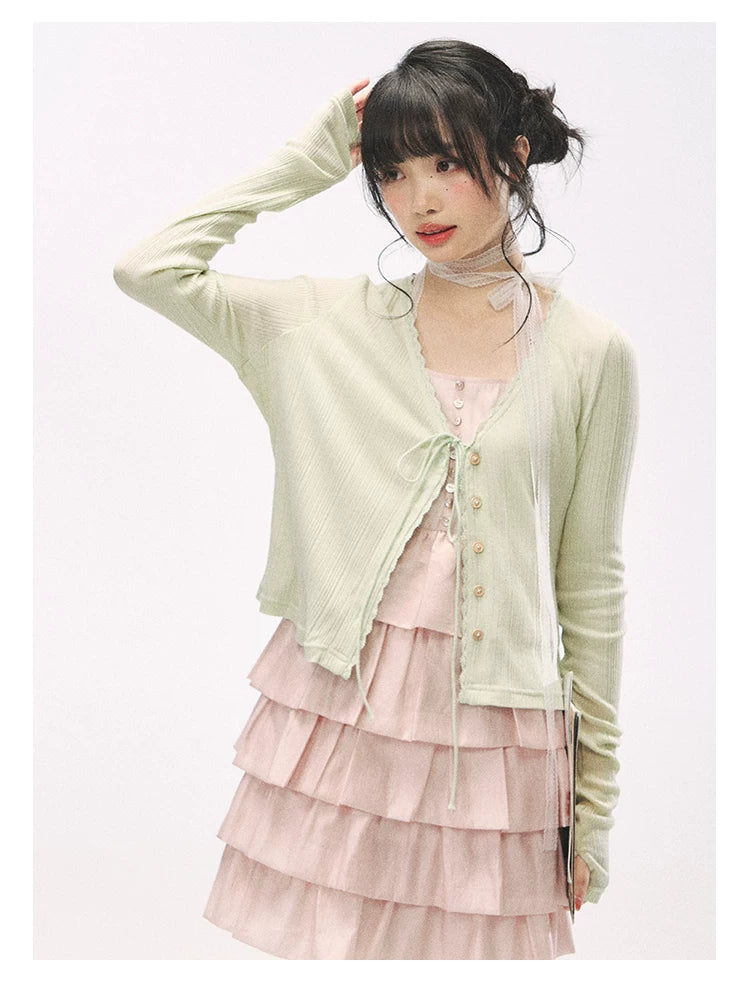 "Comfort Corner" Tie-Front Knit Cardigan (Melon Green/ Peacock Blue)