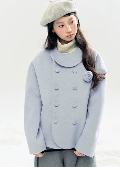 "Rose Manifesto" Frosted Blue Double-Breasted Quilted Wool-Blend Peacoat