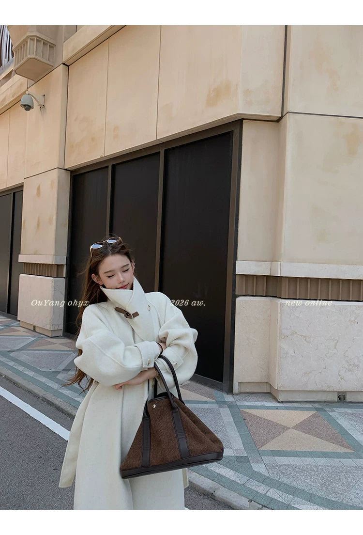 QuQuOuYang - 100% Wool Double-Face Belted Coat with Convertible Collar