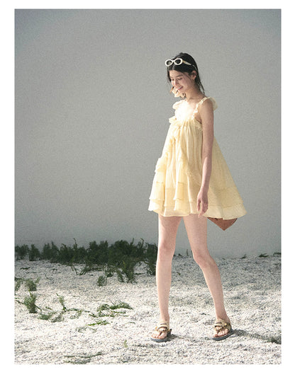 “Tenderly Entwined” Soft Butter Yellow Ruffle Babydoll Dress 4563543
