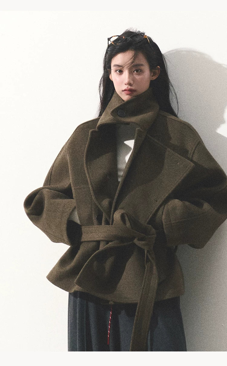 OAKMOO/ "The Flowers Are in Full Bloom" Jade Green Wool-Blend Short Belted Coat