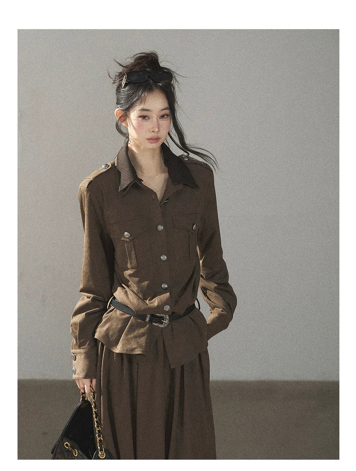 AOMALM - Terracotta Brown Shirt & Pleated Mini Skirt Set (With Belt)