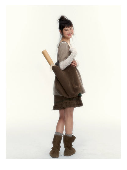 “Cloud Pleats” Chestnut Mist U-Neck Bow-Tie Puff Sleeve Knit Sweater