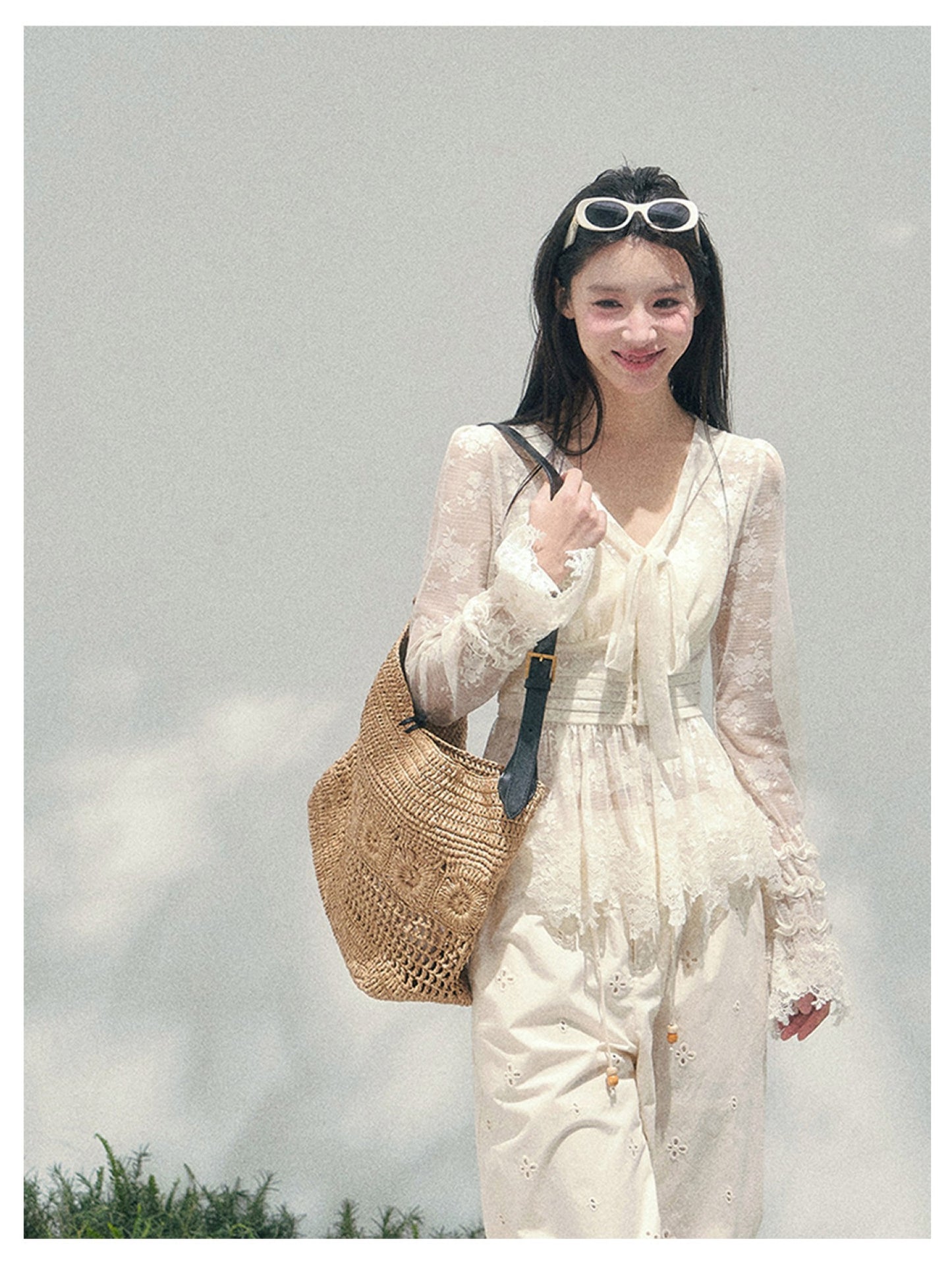 少也眼 “Lace’s Fading Dream” Sheer Lace V-Neck Cinched Top 53663788558