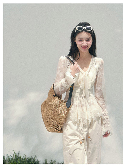 少也眼 “Lace’s Fading Dream” Sheer Lace V-Neck Cinched Top 53663788558