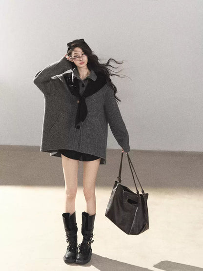 AOMALM - Deep Rock Gray Wool-Blend Herringbone Coat with Detachable Scarf Hood
