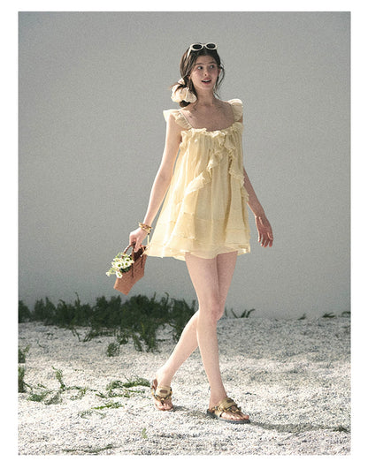 “Tenderly Entwined” Soft Butter Yellow Ruffle Babydoll Dress 4563543