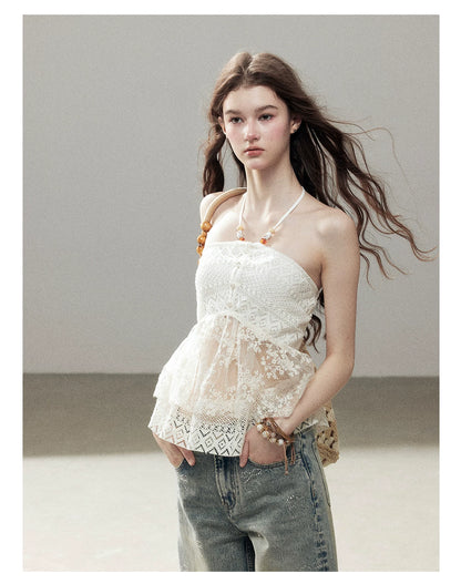 "Where the Waves Meet Her" Creamy Apricot White Lace Halter Sheer Top