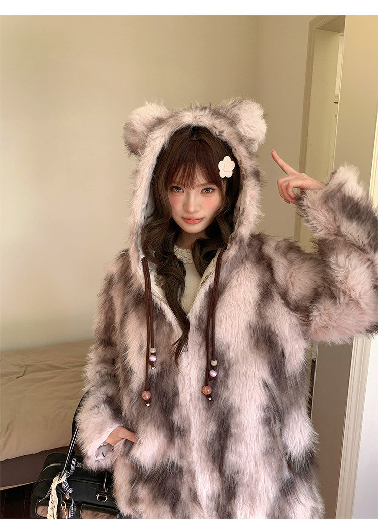 阮阮自制 - "Sweet Beauty Mark" Ombre Faux Fur Hooded Puffer Jacket