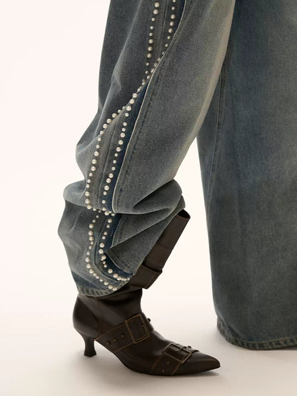 "Vintage Luxe Mood" Studded Distressed Straight-Leg Jeans WE1001