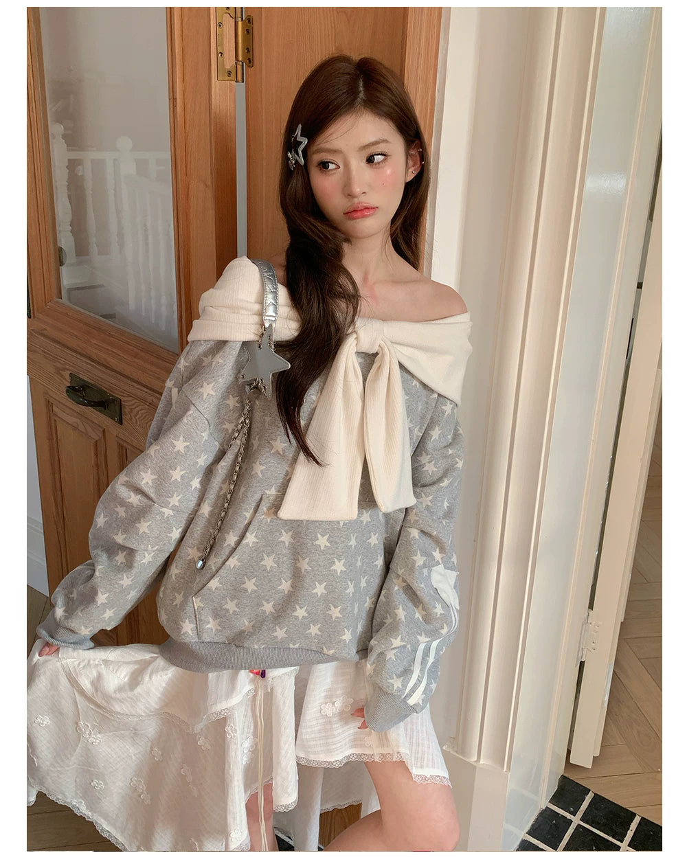 “Starlit Ribbon Reverie” Grey Off-Shoulder Hoodie
