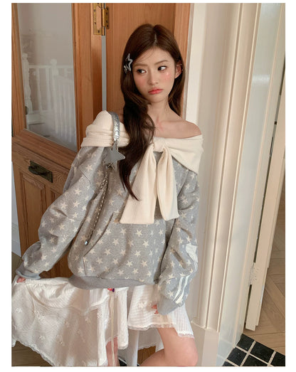 “Starlit Ribbon Reverie” Grey Off-Shoulder Hoodie