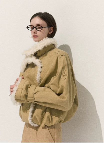 OAKMOO/ Cropped Faux Leather Shearling-Collar Jacket (Rich Black / Hazelnut Khaki)