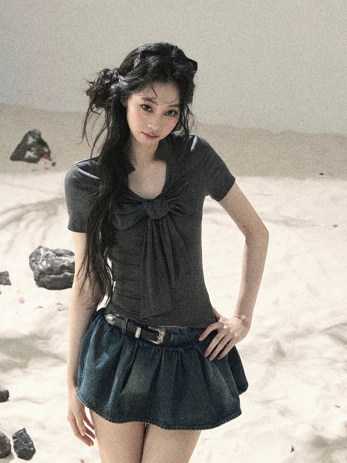 "Breeze Through the Bow" Slate Gray V-Neck Crop Top