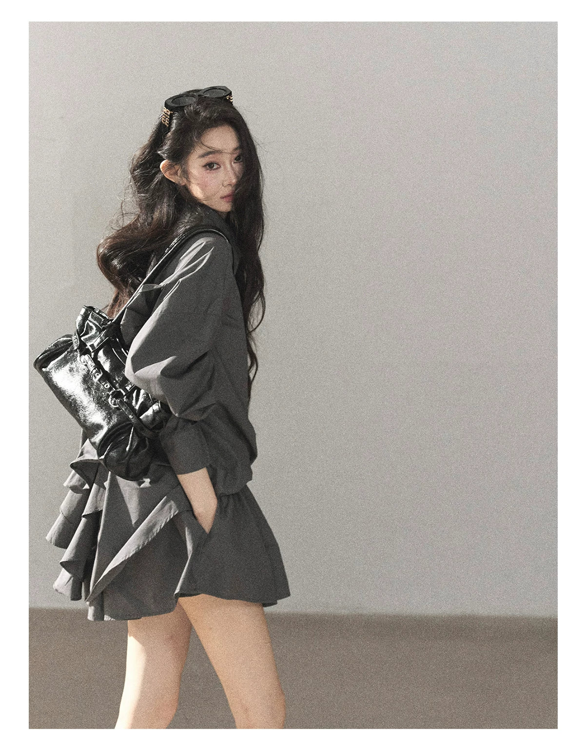 AOMALM - Thin Dusk Gray Bow-Back Shirt & Bubble Mini Skirt Set