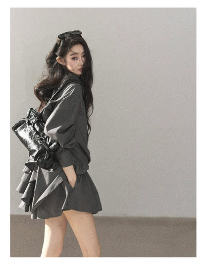 AOMALM - Thin Dusk Gray Bow-Back Shirt & Bubble Mini Skirt Set