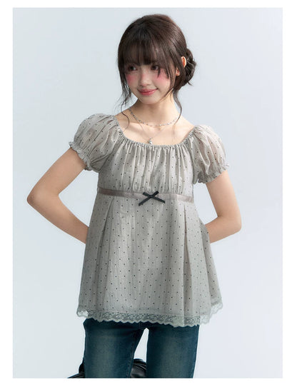 "Polka Dot Constellation" Gray Polka Dot Square Neck Puff Sleeve Top