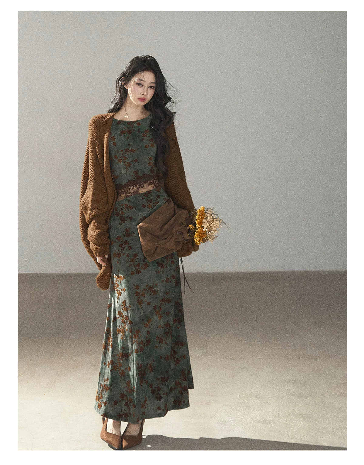 AOMALM - Olive Green Lace Floral Mermaid Maxi Dress