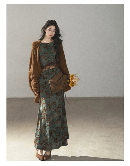 AOMALM - Olive Green Lace Floral Mermaid Maxi Dress