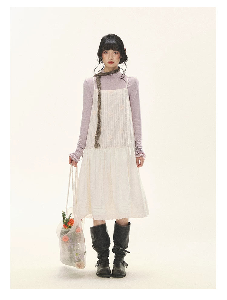 "Ivory Blossoms" Apricot Mist Beige Floral Pinafore Midi Dress