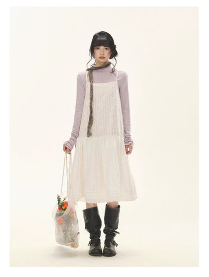 "Ivory Blossoms" Apricot Mist Beige Floral Pinafore Midi Dress